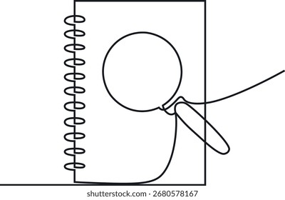 Desenho de linha contínua da lupa sobre livro aberto. Arte de linha única de lupa, Livro aberto com lupa em estilo de desenho de arte de linha contínua. Símbolo de pesquisa e conhecimento