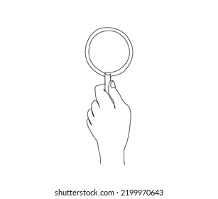 Continuous line drawing of magnifying glass. Hand holding magnifying glass line art drawing vector illustration.
