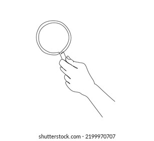 Continuous line drawing of magnifying glass. Hand holding magnifying glass line art drawing vector illustration.
