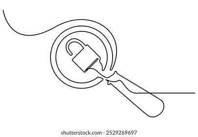 Dibujo de línea continuo de lupa. Una línea de lupa. Lupa de arte de línea continua Una sola línea de dibujo de mano grande sosteniendo la lupa destaca el candado
