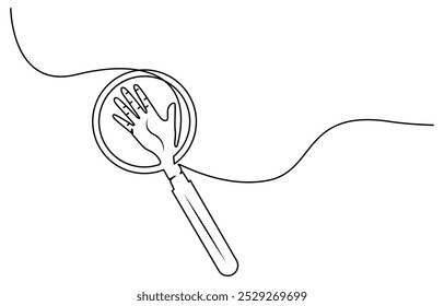 Desenho de linha contínua de lupa. Uma linha de lupa. Lupa arte de linha contínua Uma única linha desenho grande mão segurando lupa destaca o cadeado