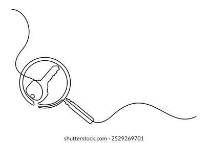Dibujo de línea continuo de lupa. Una línea de lupa. Lupa de arte de línea continua Una sola línea de dibujo de mano grande sosteniendo la lupa destaca el candado
