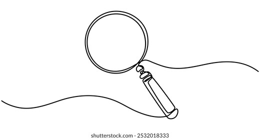 Continuous line drawing of magnifying glass. One line of magnifying glass. Magnifier continuous line art. Editable outline, Magnifying Glass continuous line drawing with color shapes, Magnifying