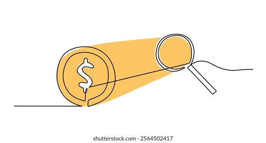 Continuous line drawing of a magnifying glass focused on a dollar coin, highlighting the importance of financial scrutiny. Vector illustration hand drawn.