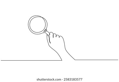 Continuous line drawing of magnifying glass. Hand holding magnifying glass line art drawing, Single Line Drawing of a Hand Holding a Magnifying Glass - Minimalist Concept on White Background.