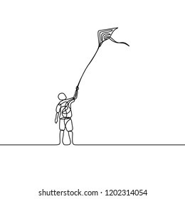 Continuous line drawing Makar Sankranti, man with fly kite. Vector illustration.