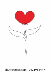 Continuous line drawing make a heart flower shape and red heart watercolor spot. Artistic heart flower. 