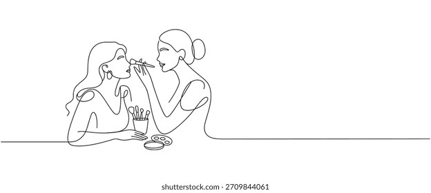 Continuous line drawing of makeup artist working with a client