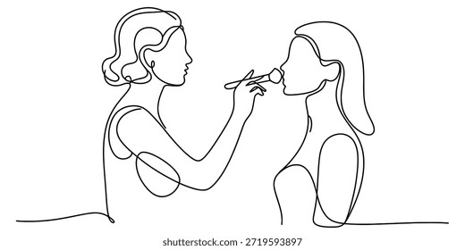Desenho de linha contínua de um maquiador aplicando cosméticos no rosto de uma mulher Vetor, ilustração