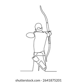 Continuous line drawing of male archery sport athlete or hunter holding archer arrow. Editable stroke sketch art vector illustration