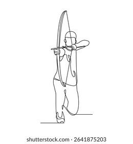 Continuous line drawing of male archery sport athlete or hunter holding archer arrow. Editable stroke sketch art vector illustration