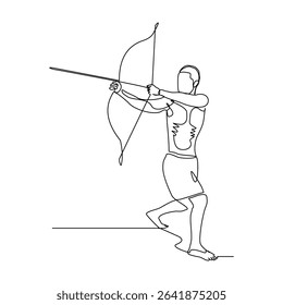 Continuous line drawing of male archery sport athlete or hunter holding archer arrow. Editable stroke sketch art vector illustration