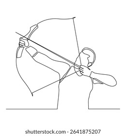 Continuous line drawing of male archery sport athlete or hunter holding archer arrow. Editable stroke sketch art vector illustration