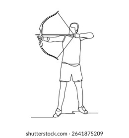 Continuous line drawing of male archery sport athlete or hunter holding archer arrow. Editable stroke sketch art vector illustration