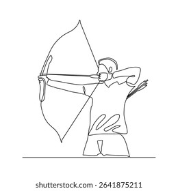 Continuous line drawing of male archery sport athlete or hunter holding archer arrow. Editable stroke sketch art vector illustration