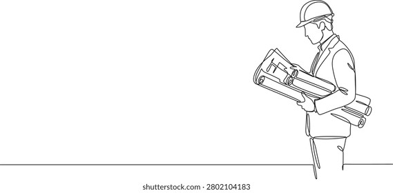 continuous line drawing of a male architect or civil engineer wearing a hard hat and suit, holding blueprints or rolled construction plans, construction industy line art vector illustration