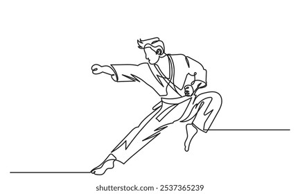 Dibujo de línea continuo de atletas masculinos que practican karate.artes marciales entrenamiento y determinación, practicando patadas y salto.deporte, artes marciales, deportes de combate y conceptos de estilo de vida activo. 