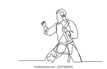 Continuous line drawing of male athletes practicing karate.martial arts training and determination, practicing kicks and jumping.sport, martial arts, combat sports, and active lifestyle concepts. 