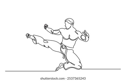 Dibujo de línea continuo de atletas masculinos que practican karate.artes marciales entrenamiento y determinación, practicando patadas y salto.deporte, artes marciales, deportes de combate y conceptos de estilo de vida activo. 