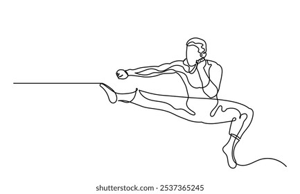 Dibujo de línea continuo de atletas masculinos que practican karate.artes marciales entrenamiento y determinación, practicando patadas y salto.deporte, artes marciales, deportes de combate y conceptos de estilo de vida activo. 