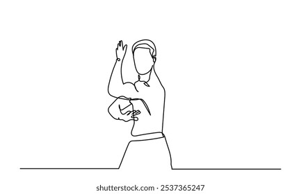 Dibujo de línea continuo de atletas masculinos que practican karate.artes marciales entrenamiento y determinación, practicando patadas y salto.deporte, artes marciales, deportes de combate y conceptos de estilo de vida activo. 