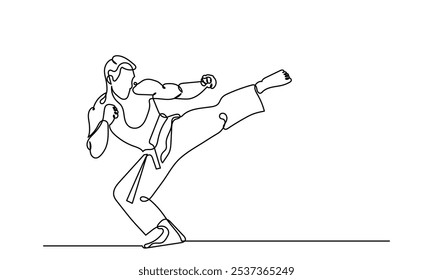 Dibujo de línea continuo de atletas masculinos que practican karate.artes marciales entrenamiento y determinación, practicando patadas y salto.deporte, artes marciales, deportes de combate y conceptos de estilo de vida activo. 