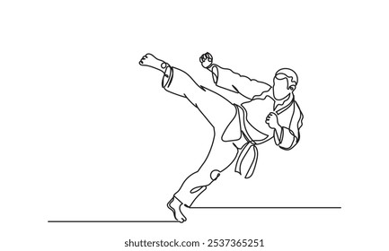 Dibujo de línea continuo de atletas masculinos que practican karate.artes marciales entrenamiento y determinación, practicando patadas y salto.deporte, artes marciales, deportes de combate y conceptos de estilo de vida activo. 