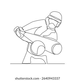 Continuous line drawing of male baseball professional player athlete holding baseball stick and wearing helmet and uniform. Vector illustration single line sketch editable stroke