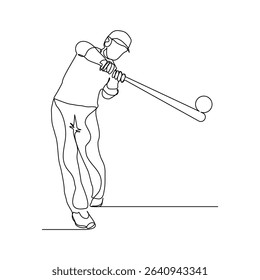 Continuous line drawing of male baseball professional player athlete holding baseball stick and wearing helmet and uniform. Vector illustration single line sketch editable stroke