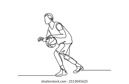 Continuous Line drawing of male Basketball Player.Single-line Young athletic man, basketball player in sportswear and jumping action.Concept of professional sport, games, championships,
 healthy lifes