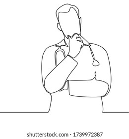 continuous line drawing of male doctor who thinks about something at work. Man doctor standing isolated on a white background. Health care and medicine