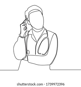 continuous line drawing of male doctor who thinks about something at work. Man doctor standing isolated on a white background. Health care and medicine