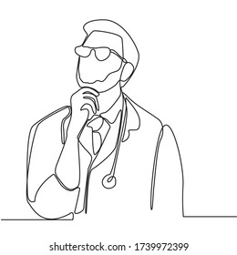 continuous line drawing of male doctor who thinks about something at work. Man doctor standing isolated on a white background. Health care and medicine