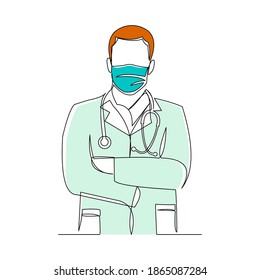 Continuous line drawing of male doctor wearing surgical mask to protect disease, flu, air pollution, pandemic, virus. Vector illustration.