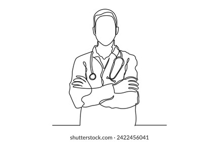 Continuous line drawing of a male doctor standing with crossed arms with a stethoscope.Concept of hospital and health care service vector illustration.