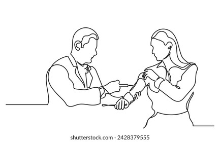 Continuous line drawing of a male doctor pushing an injection into a girl. Single line drawing doctor-patient. doctor with stethoscope vector illustration.Concept of hospital and health care service.

