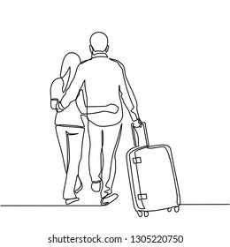 continuous line drawing of male and female pairs with suitcases on the trip.