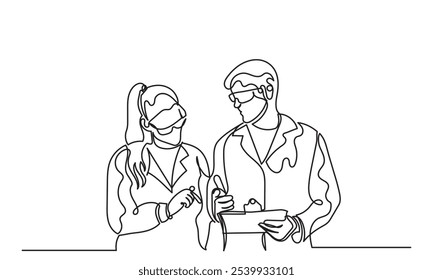 Desenho de linha contínua de cientistas masculinos e femininos.Laboratório de Pesquisa de Desenvolvimento Médico. jovem e mulher pesquisadora trabalhando no laboratório, com pesquisa de tubo de ensaio.Saúde e medicina 