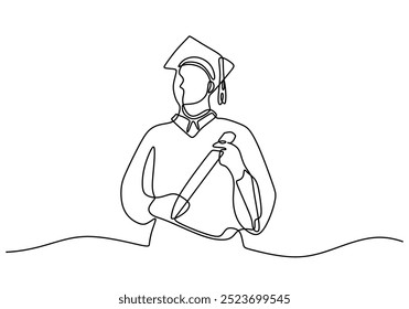 Continuous line drawing of a male figure adorned in a graduation cap and gown. Captures the essence of graduation day in a simplistic manner.