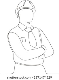 Continuous line drawing of male foreman manager controlling building construction