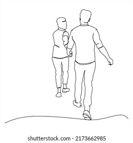 Continuous line drawing of male friends walking in an embrace, two young people hugging back view, Male friendship concept.