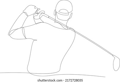 Continuous line drawing of male golfer playing golf. Male golf player on professional golf course. Vector illustration isolated on white background.