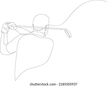 Continuous line drawing of male golfer playing golf. Male golf player on professional golf course. Vector illustration isolated on white background.