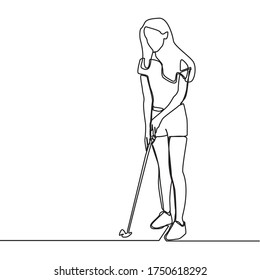 Continuous line drawing of male golfers playing golf. Male golf player on professional golf course isolated  with a white background