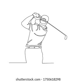 Continuous line drawing of male golfers playing golf. Male golf player on professional golf course isolated  with a white background