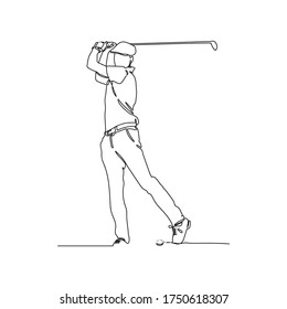 Continuous line drawing of male golfers playing golf. Male golf player on professional golf course isolated  with a white background