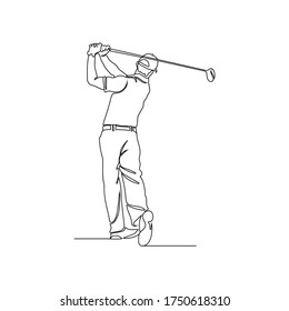 Continuous line drawing of male golfers playing golf. Male golf player on professional golf course isolated  with a white background