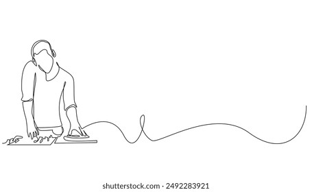 continuous line drawing of a male music DJ. one line drawing of a DJ at a music party, night club, nightlife. single line vector illustration. isolated white background