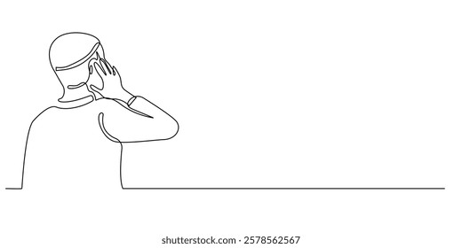 continuous line drawing male Muslim echoes adzan.drawing of one line of the call to prayer calling other Muslims when prayer time arrives.single line vector illustration.