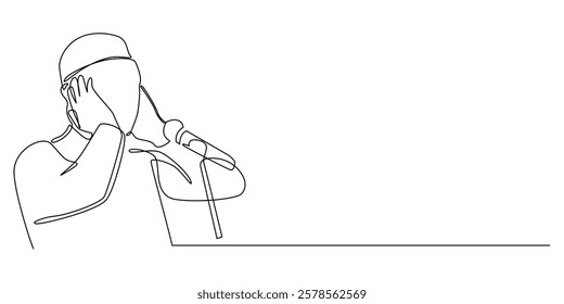 continuous line drawing male Muslim echoes adzan.drawing of one line of the call to prayer calling other Muslims when prayer time arrives.single line vector illustration.